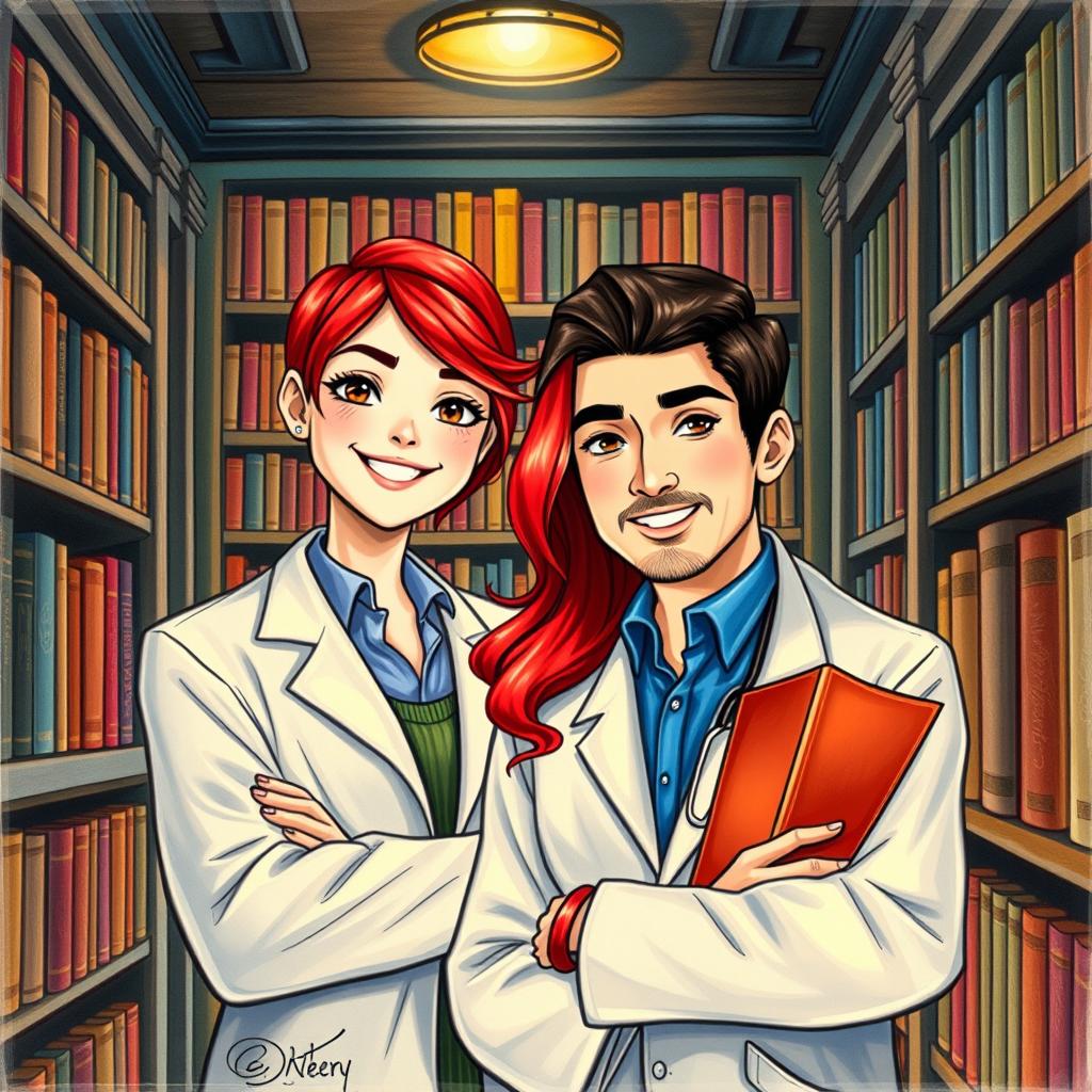 A captivating book cover designed in a realistic drawing style, featuring a striking red-haired librarian with a bright smile, surrounded by bookshelves filled with colorful books