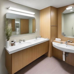 A tastefully designed bathroom in a dental clinic, featuring modern fixtures, bright lighting, a clean and uncluttered counter with a mirror, and hygiene essentials provided for patient comfort.