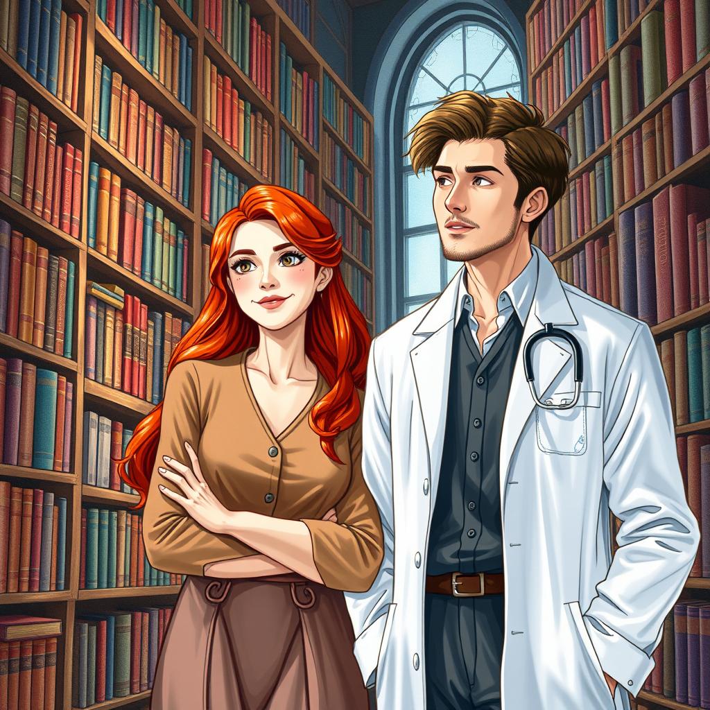A stunning book cover designed in a realistic drawing style featuring a red-haired librarian who exudes warmth and intelligence, surrounded by towering bookshelves filled with an array of colorful books