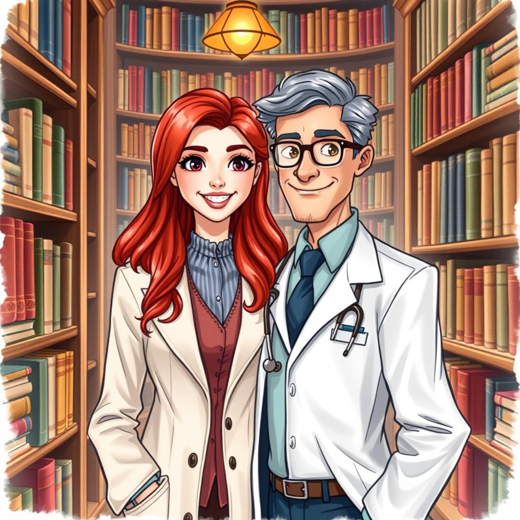A beautifully crafted book cover in a realistic drawing style, featuring a red-haired librarian with a welcoming expression, surrounded by elegant bookshelves filled with a variety of books