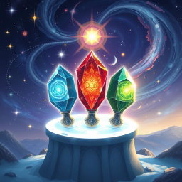 An enchanting illustration of the three Convergence Stones, each uniquely designed and glowing with ethereal light