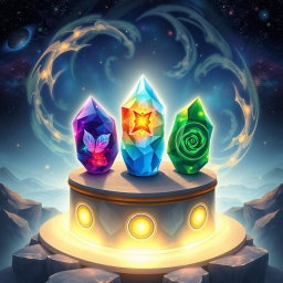 An enchanting illustration of the three Convergence Stones, each uniquely designed and glowing with ethereal light
