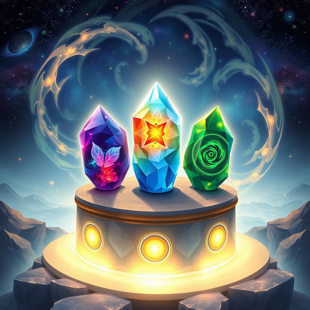 An enchanting illustration of the three Convergence Stones, each uniquely designed and glowing with ethereal light
