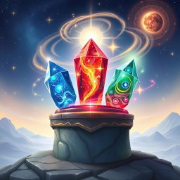 An enchanting illustration of the three Convergence Stones, each uniquely designed and glowing with ethereal light