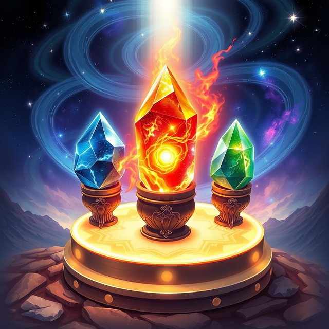 An enchanting illustration of the three Convergence Stones, each uniquely designed and glowing with ethereal light