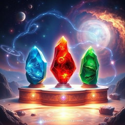 A captivating depiction of the three Convergence Stones, each one a beautifully crafted artifact glowing with vibrant colors