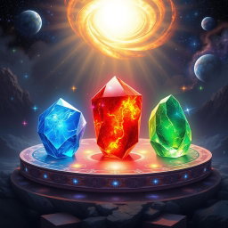 A captivating depiction of the three Convergence Stones, each one a beautifully crafted artifact glowing with vibrant colors