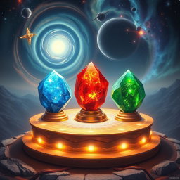 A captivating depiction of the three Convergence Stones, each one a beautifully crafted artifact glowing with vibrant colors