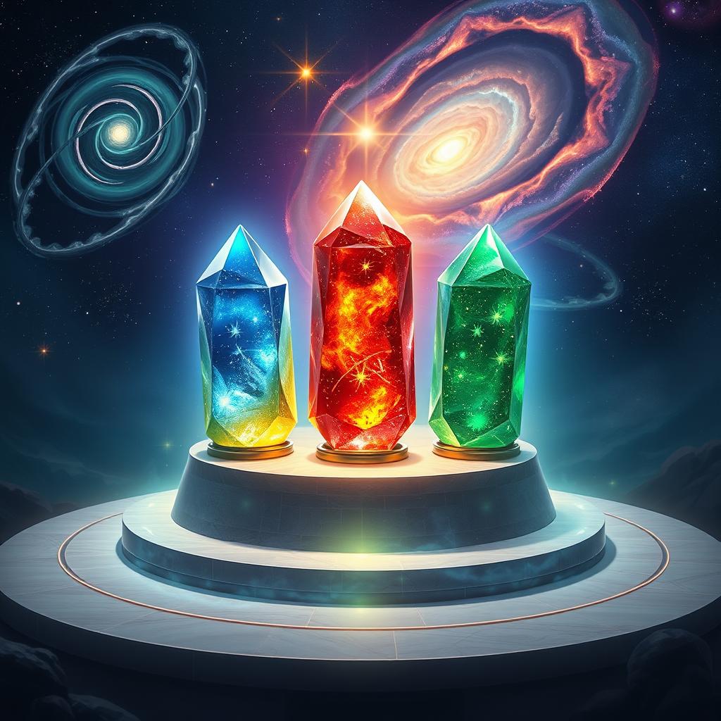 A captivating depiction of the three Convergence Stones, each one a beautifully crafted artifact glowing with vibrant colors