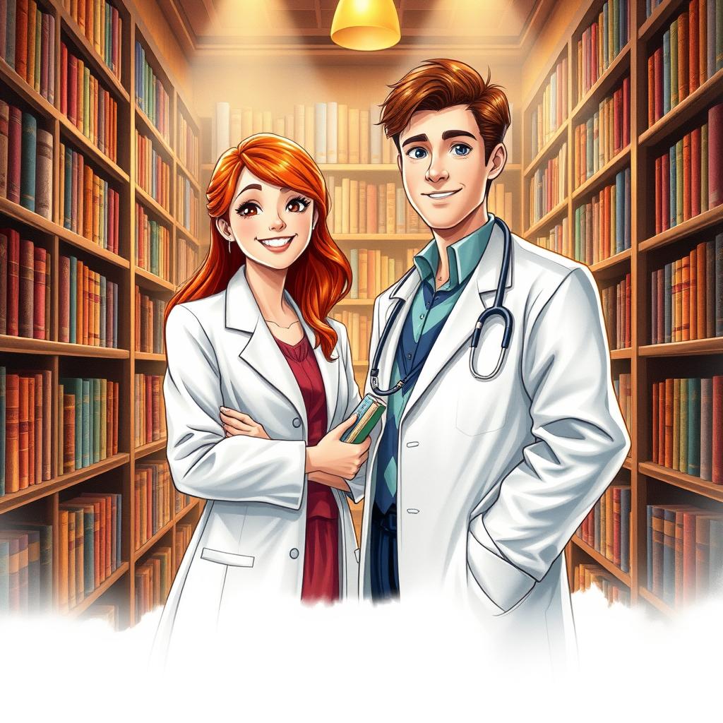 A visually striking book cover illustrated in a realistic drawing style, showcasing a red-haired librarian with a friendly expression, surrounded by a rich array of books in a warmly-lit library