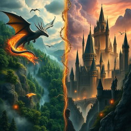 A stunning representation of the divided realms showcasing the contrast between Middle Earth and the Wizarding World