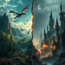 A stunning representation of the divided realms showcasing the contrast between Middle Earth and the Wizarding World