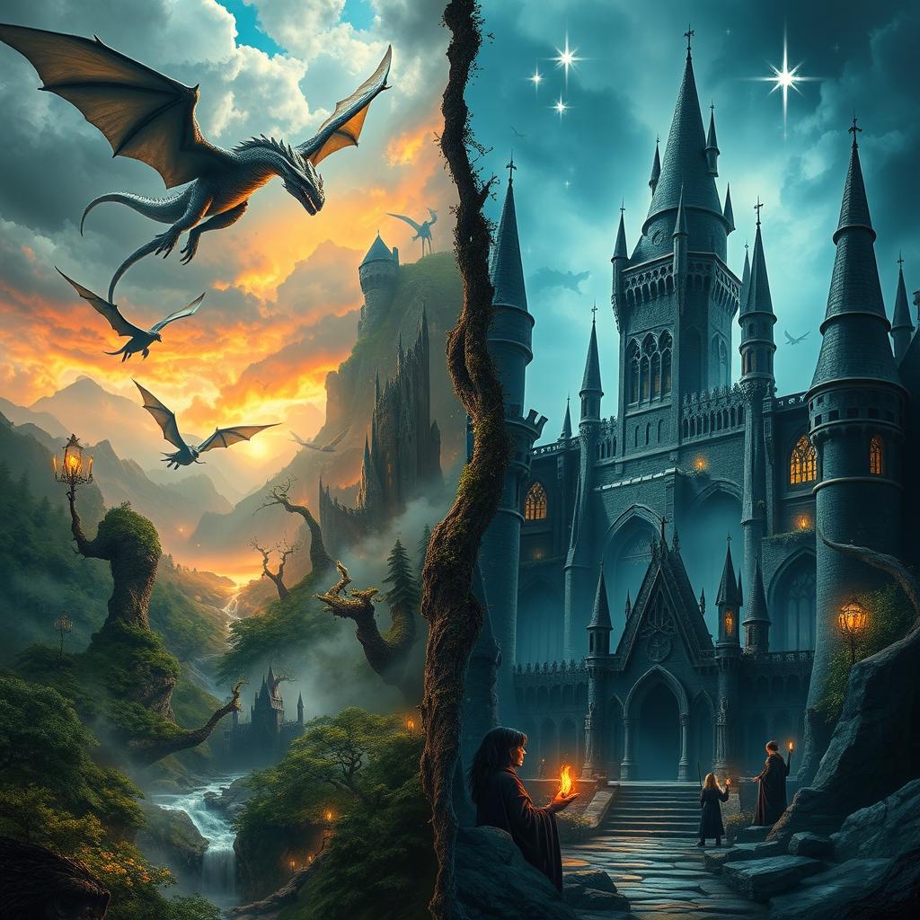 A stunning representation of the divided realms showcasing the contrast between Middle Earth and the Wizarding World