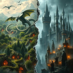 A stunning representation of the divided realms showcasing the contrast between Middle Earth and the Wizarding World