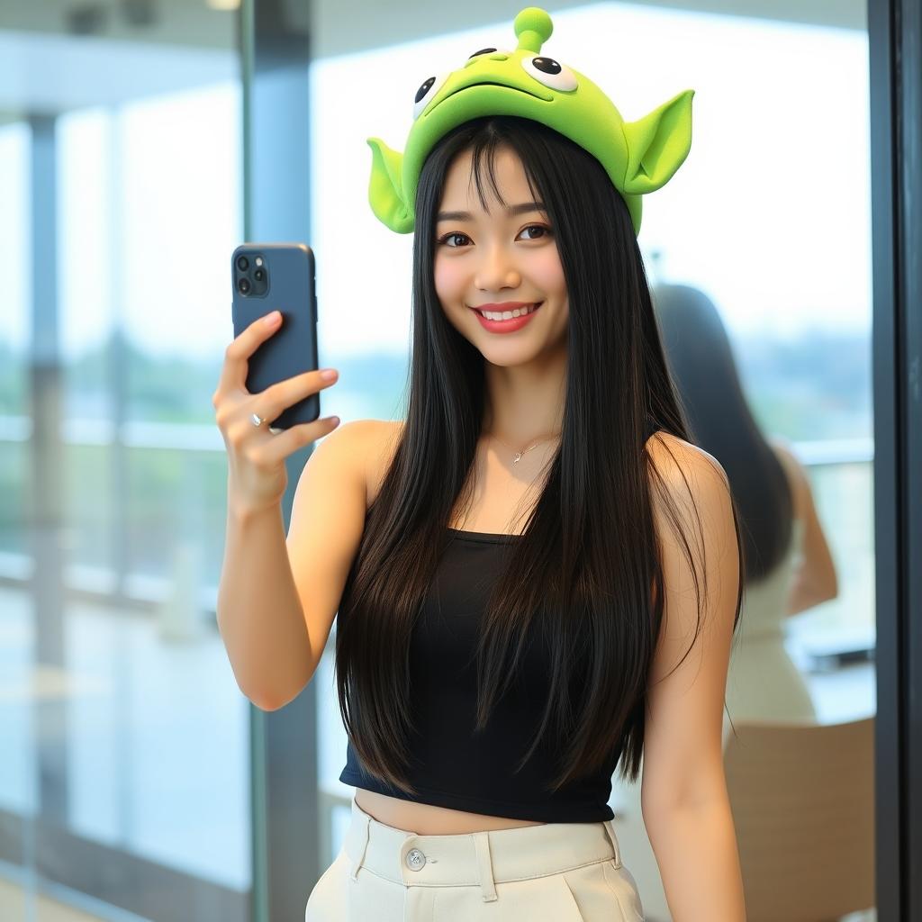 A beautiful Korean woman with long straight black hair wearing a green alien hat from Toy Story