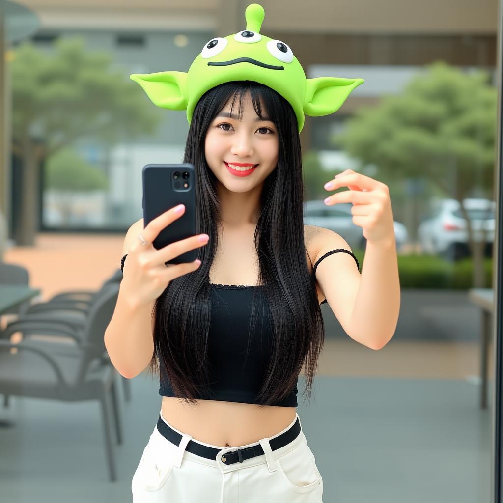 A beautiful Korean woman with long straight black hair, wearing a green alien hat from the Toy Story movie