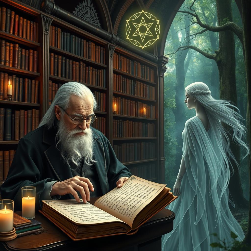 In a magical setting, a wise and elderly Albus Dumbledore studies ancient runes from an old book found in the Restricted Section of Hogwarts' library, surrounded by shelves full of mystical tomes