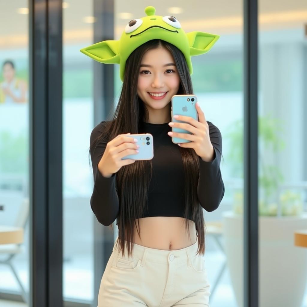 A beautiful Korean woman with long straight black hair wearing a green alien-shaped hat inspired by the Toy Story movie
