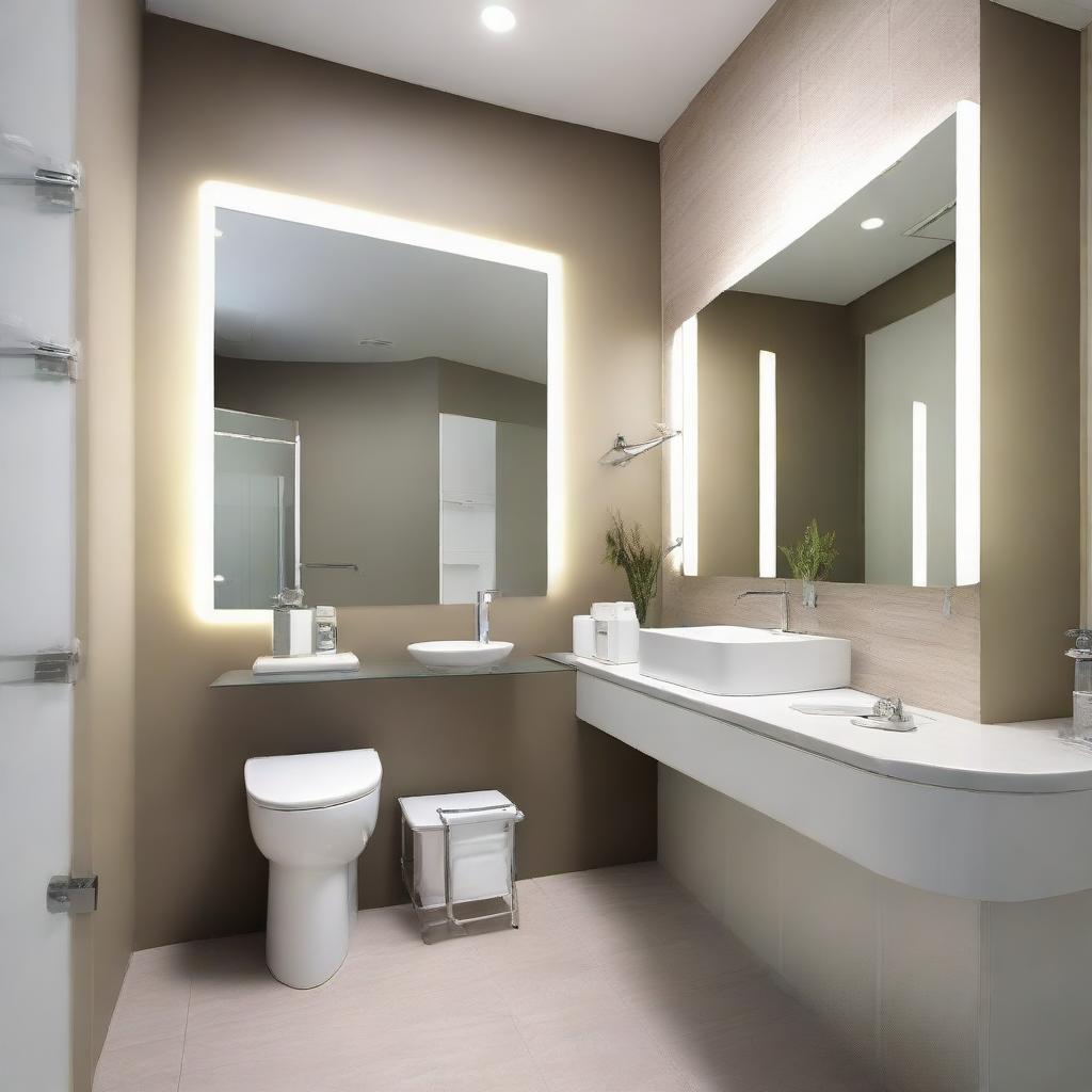 A tastefully designed bathroom in a dental clinic, featuring modern fixtures, bright lighting, a clean and uncluttered counter with a mirror, and hygiene essentials provided for patient comfort.