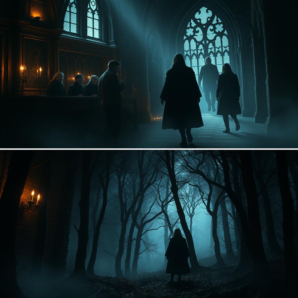 In a haunting scene set within Hogwarts, students nervously whisper about shadowy figures seen gliding through the dimly lit corridors, their faces filled with fear and curiosity