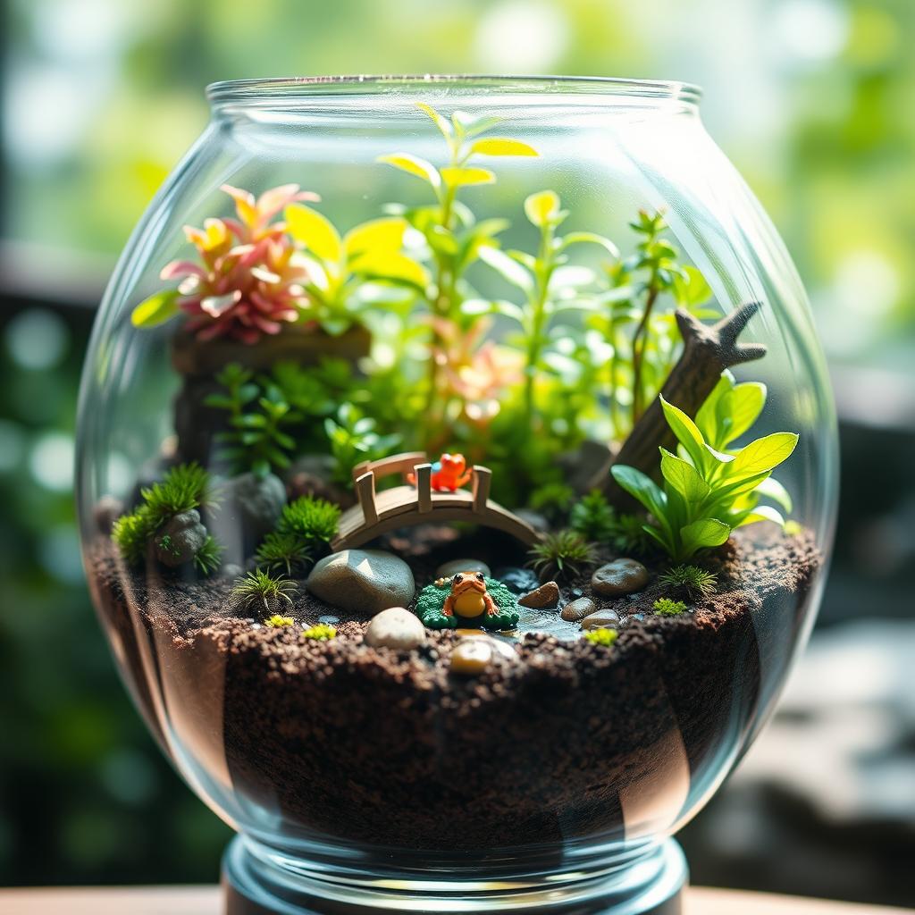 An enchanting terrarium scene captured in a glass container, showcasing a mini-ecosystem filled with lush, vibrant green plants, small rocks, and a tiny wooden bridge crossing a miniature stream