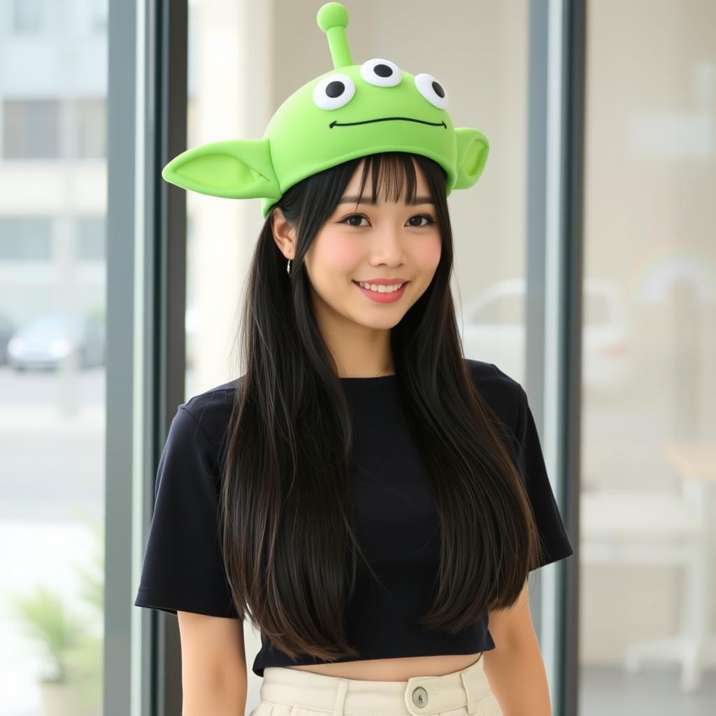 A beautiful Korean woman with long straight black hair, wearing a green alien hat from Toy Story, dressed in a black cropped top and cream shorts, standing facing forward