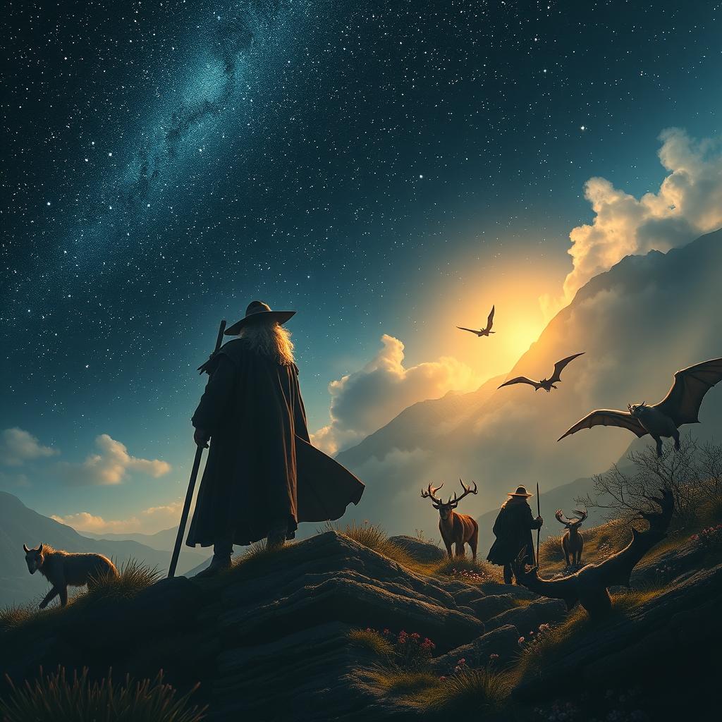 In a breathtaking scene where the Ancient Stars whisper once more, their echoes resonate with those connected to past legacies: Gandalf the Grey, in his solitary journey across Middle-earth, his silhouette framed against a starry night sky, and Newt Scamander, engaged in his magical explorations of the Wizarding World, surrounded by extraordinary creatures