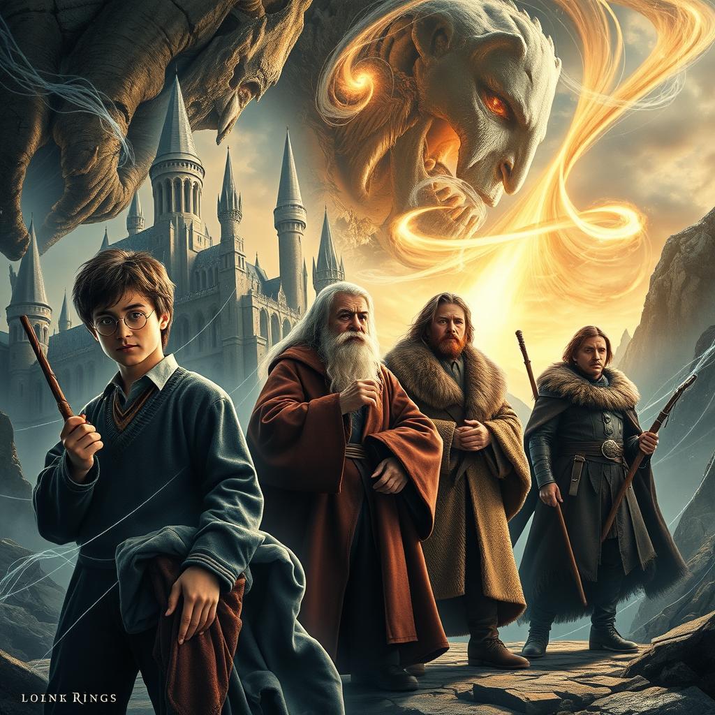 In a grand and epic scene depicting the unraveling fabric of time, the heroes from both the Harry Potter and Lord of the Rings universes stand united, ready to embark on a journey to save their worlds