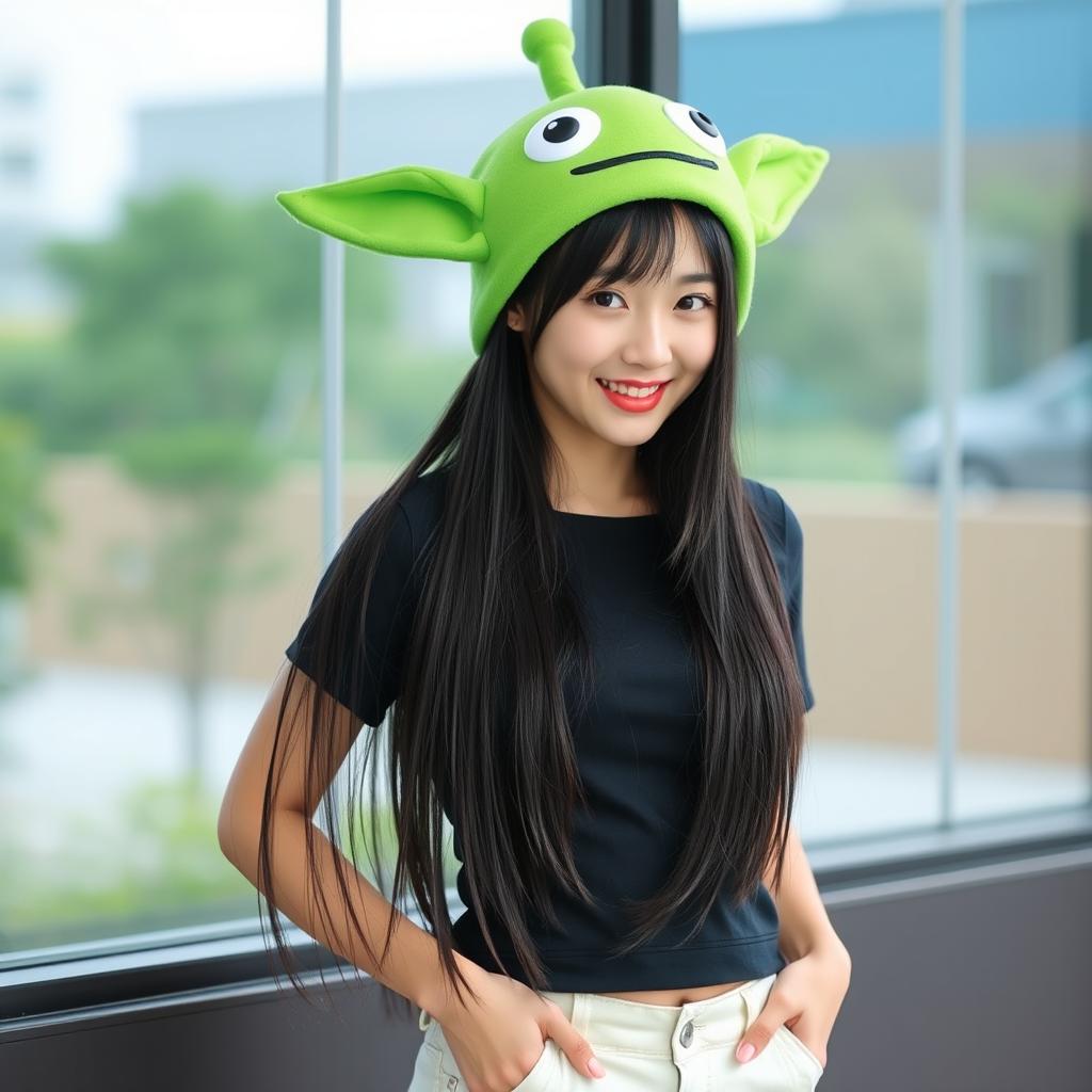 A beautiful Korean woman with long straight black hair, wearing a green alien hat inspired by Toy Story, dressed in a black crop top and cream-colored shorts