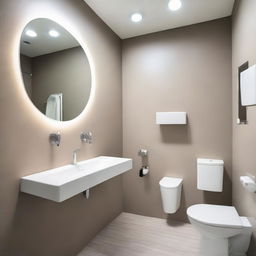 A clean, modern men's bathroom in a dental clinic, equipped with a urinal, toilet, sleek counter with a hand wash basin, mirror, appropriate signages, hygiene essentials, and muted colors contributing to a comfortable patient experience.