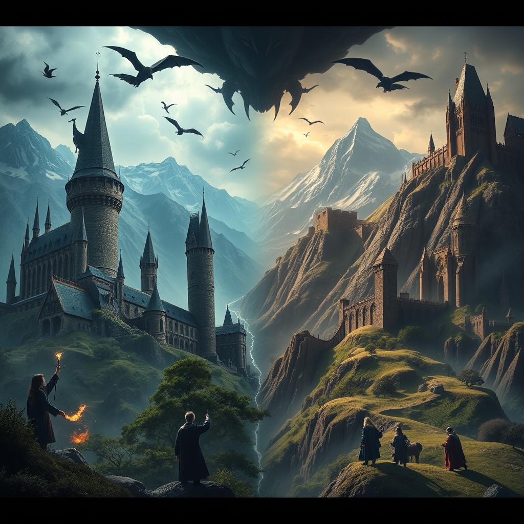 In a captivating scene symbolizing the diverging paths of the Wizarding World and Middle-earth over millennia, the image portrays two distinct cultures thriving side by side