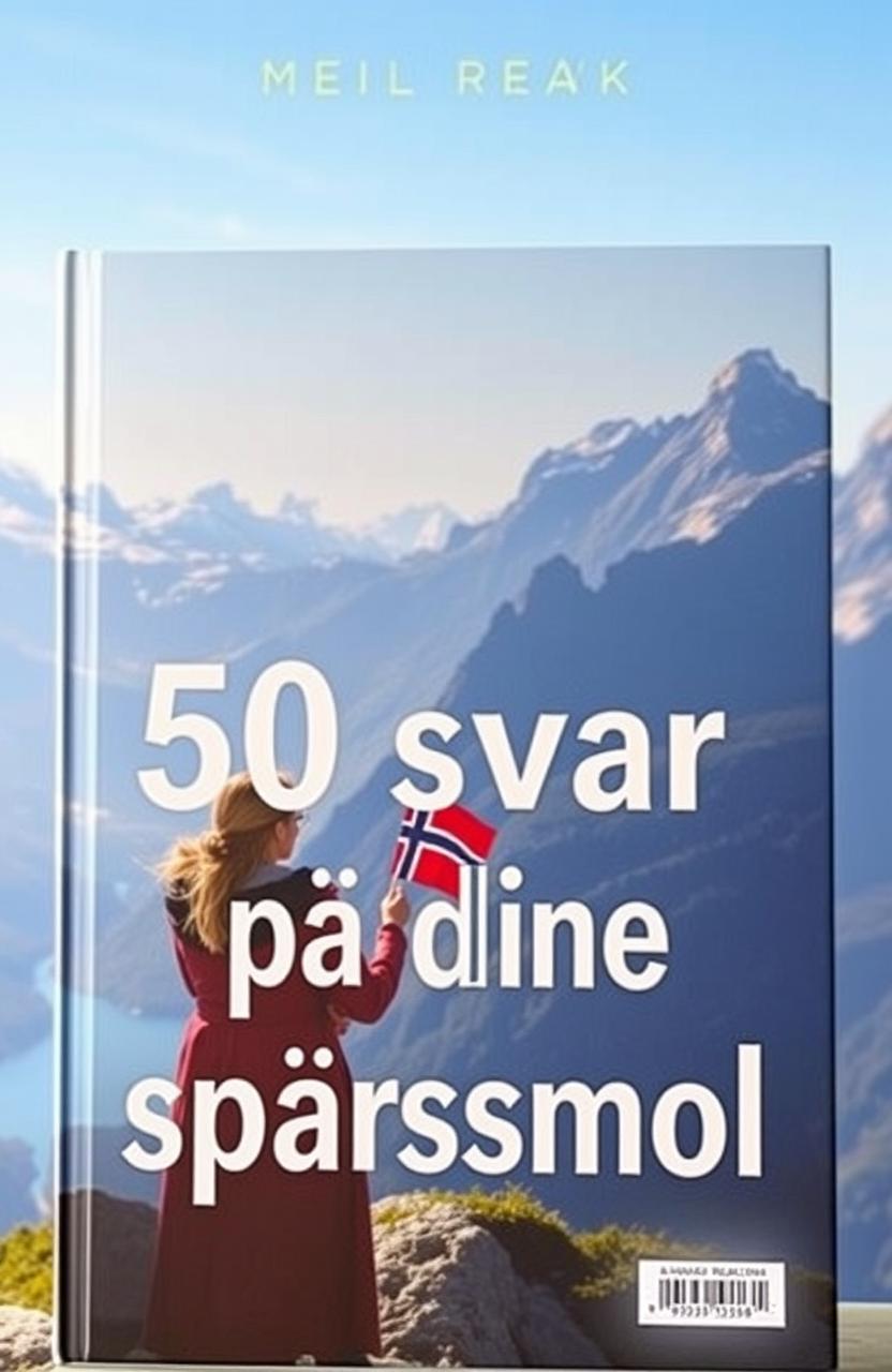 A captivating book cover for "50 svar på dine spørsmål" featuring a breathtaking background of Norwegian mountains
