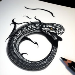 A detailed design of a tattoo featuring a series of intricate shadows that gradually transition into a snake
