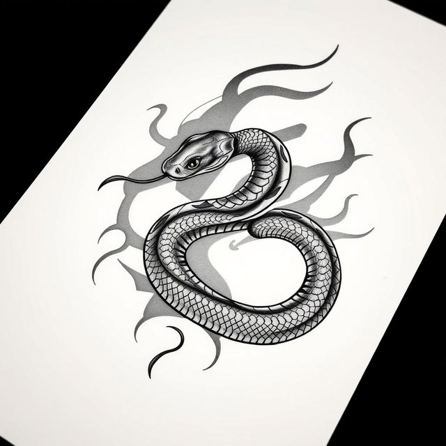 A detailed design of a tattoo featuring a series of intricate shadows that gradually transition into a snake