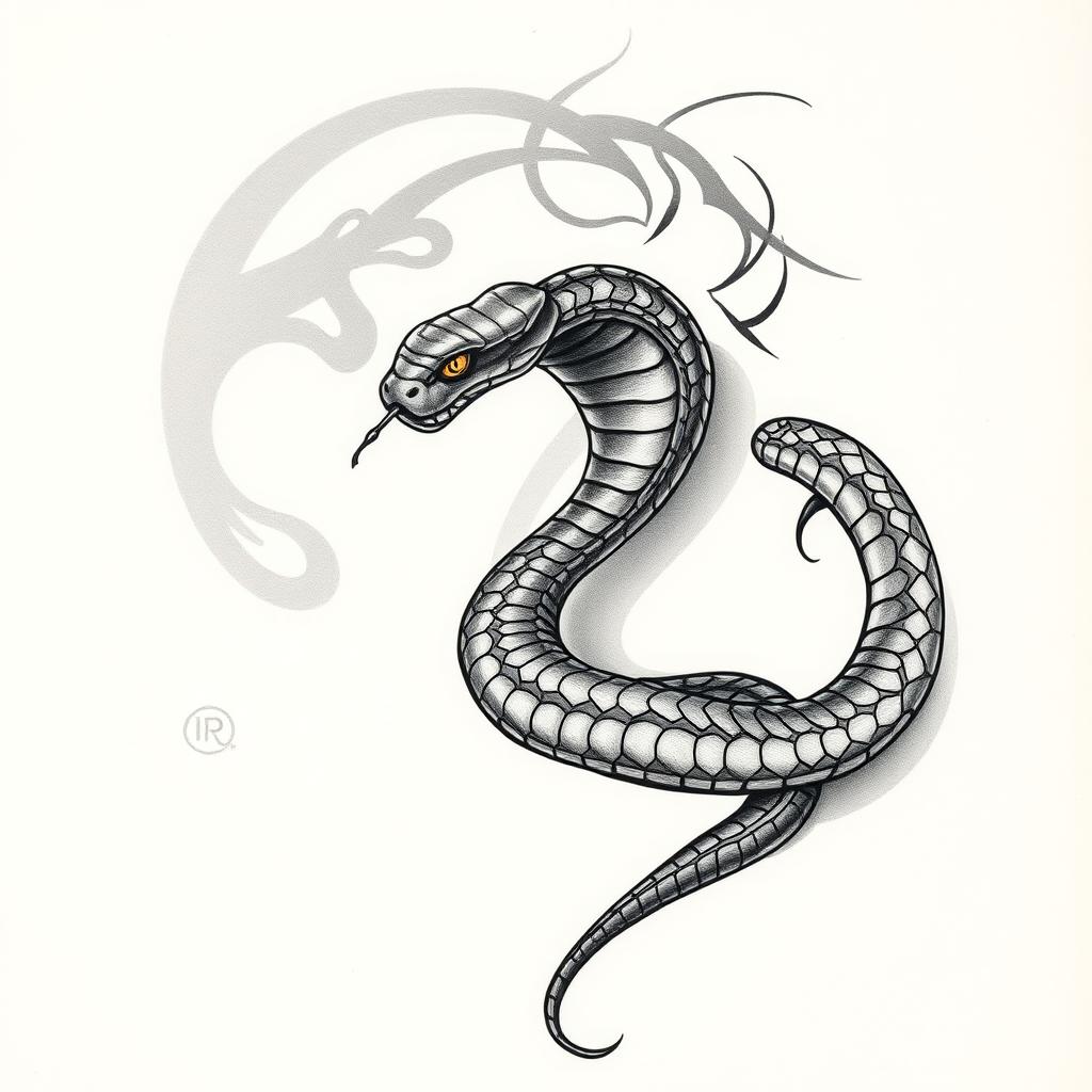 A detailed design of a tattoo featuring a series of intricate shadows that gradually transition into a snake