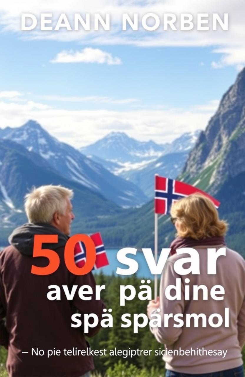 A book cover for "50 svar på dine spørsmål" featuring a scenic background of Norwegian mountains