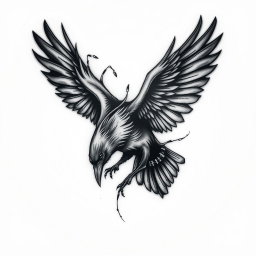 An intricate tattoo design that features flowing shadows that gradually metamorphose into a raven