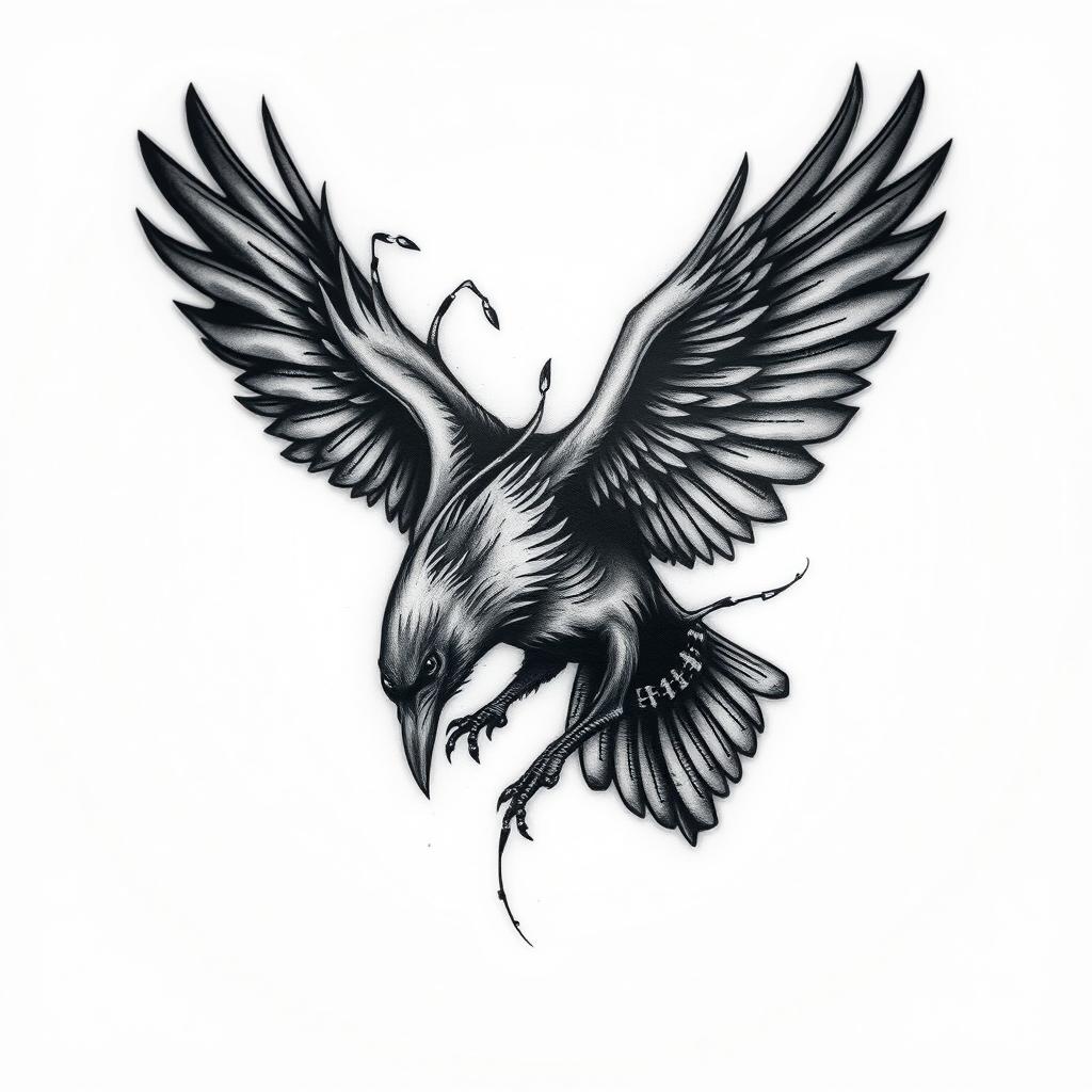 An intricate tattoo design that features flowing shadows that gradually metamorphose into a raven