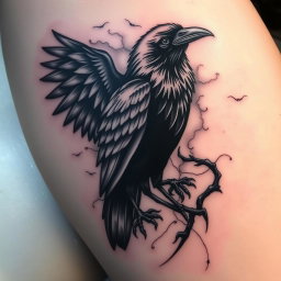 An intricate tattoo design that features flowing shadows that gradually metamorphose into a raven
