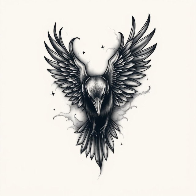 An intricate tattoo design that features flowing shadows that gradually metamorphose into a raven