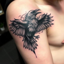 An intricate tattoo design that features flowing shadows that gradually metamorphose into a raven