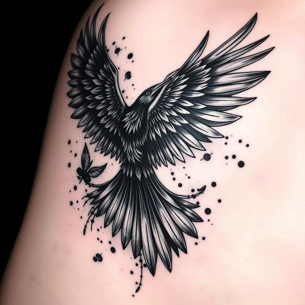 An elaborate tattoo design featuring a raven whose wings are morphing into shadows that progressively dissipate into the air
