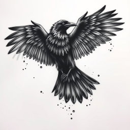 An elaborate tattoo design featuring a raven whose wings are morphing into shadows that progressively dissipate into the air