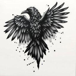An elaborate tattoo design featuring a raven whose wings are morphing into shadows that progressively dissipate into the air