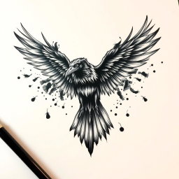 An elaborate tattoo design featuring a raven whose wings are morphing into shadows that progressively dissipate into the air