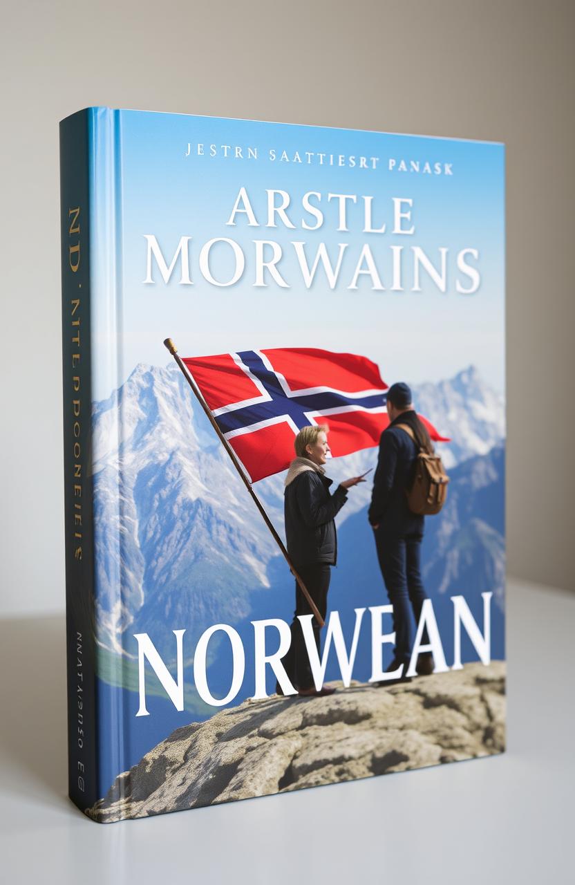 A book cover featuring a stunning background of Norwegian mountains with two people engaged in conversation