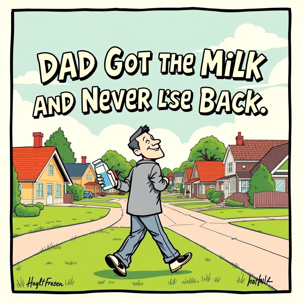 A humorous and artistic poster design depicting a whimsical scene where a father figure is walking away with a carton of milk, looking back with a playful smile