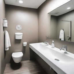 A clean, modern men's bathroom in a dental clinic, equipped with a urinal, toilet, sleek counter with a hand wash basin, mirror, appropriate signages, hygiene essentials, and muted colors contributing to a comfortable patient experience.