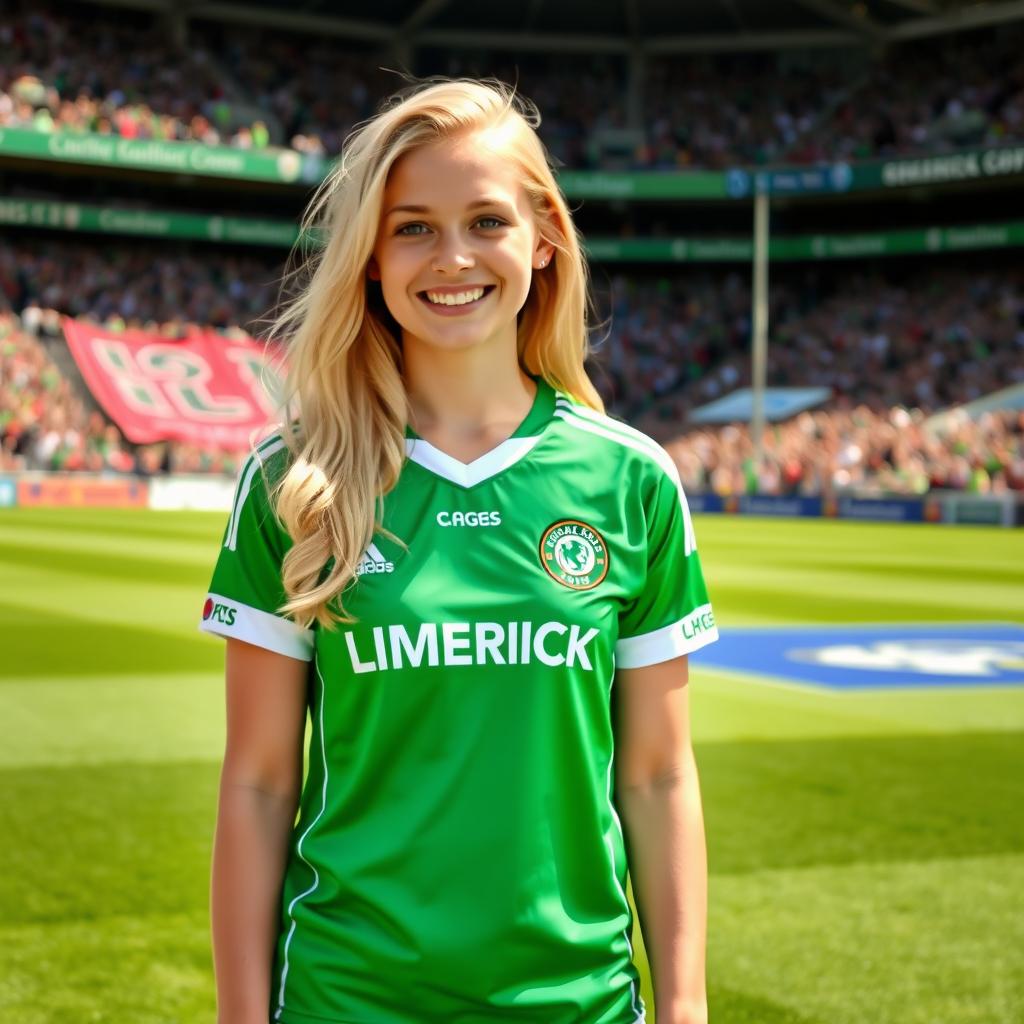 A stylish 18-year-old blonde girl proudly wearing a bright green Limerick GAA jersey