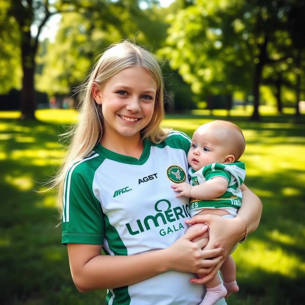 A blonde girl aged 18 wearing a bright and colorful Limerick GAA jersey, smiling joyfully while holding a baby in her arms